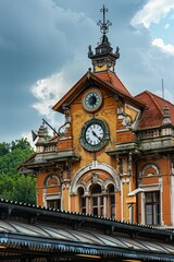 Fototapeta na wymiar A historic railway station with ornate architecture and clock tower