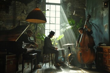 A group of people, VetalVit Jazz Trio, are seen in a room playing various musical instruments. The...