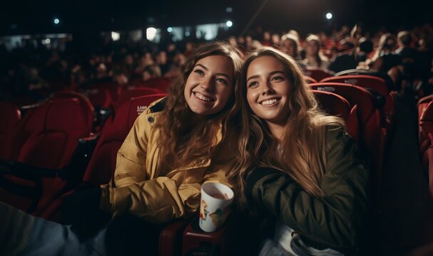 Two modern friends are seen sitting in a cinema, enjoying each other's company while delighting in the experience of watching a film together.Generated image