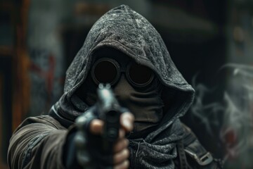 A man wearing a hood and holding a gun in a threatening pose - obrazy, fototapety, plakaty