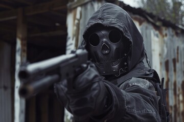 A man in a black jacket is gripping a gun firmly, his face obscured by a hood. The scene portrays a sense of danger and tension