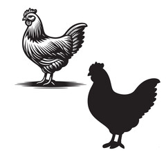 Elegant Hen Silhouette Vector - Minimalistic Poultry Farm Collection, Rural Charm: rooster, Hen and Chicken Outlines - Agriculture Vector Illustrations, Graceful Hen Silhouette, Cock silhouettes