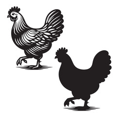 Elegant Hen Silhouette Vector - Minimalistic Poultry Farm Collection, Rural Charm: rooster, Hen and Chicken Outlines - Agriculture Vector Illustrations, Graceful Hen Silhouette, Cock silhouettes