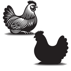 Elegant Hen Silhouette Vector - Minimalistic Poultry Farm Collection, Rural Charm: rooster, Hen and Chicken Outlines - Agriculture Vector Illustrations, Graceful Hen Silhouette, Cock silhouettes