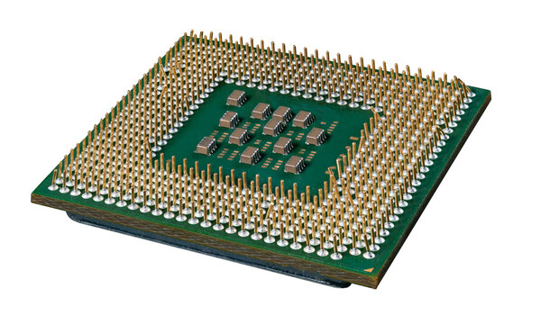 Old processor with bent legs. Isolated background.