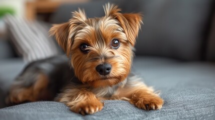 Cute Little Dog Resting on a Couch, Adorable Puppy Laying on the Sofa, Smiling Terrier Sitting on a Blue Blanket, Little Yorkie Relaxing on a Gray Couch.
