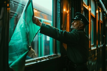 Fototapeta na wymiar A train conductor waving a green flag to signal departure