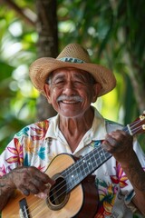 A man wearing a straw hat is playing a guitar, strumming cheerful melodies with expertise and passion. His fingers dance on the strings as music fills the air