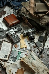 A disorganized pile of old papers and vintage cameras strewn across a surface, showcasing a glimpse into the past and the remnants of a bygone era