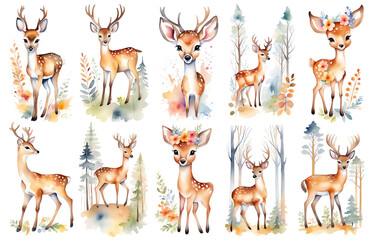 Cute baby deer, woodland animal nursery watercolor illustration set. Illustration for children. Nursery posters