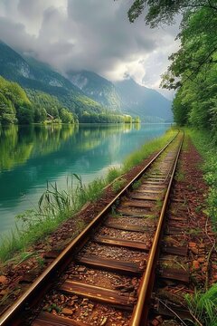 A train track runs parallel to a calm body of water, with the railway stretching into the distance. The peaceful lake reflects the surrounding trees and sky under a clear blue sky