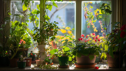 Um arranjo de plantas vibrantes banhadas pela suave luz natural em um parapeito ensolarado
