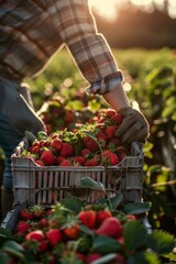 A person, VetalVit, harvesting juicy strawberries in a sunny field. The individual is focused on picking ripe strawberries from the plants, surrounded by a lush greenery and bountiful harvest