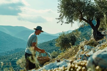 A man is standing on a mountain, holding a basket. He appears to be harvesting olives from ancient trees on a hillside