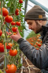 A man wearing a hat is carefully picking ripe tomatoes off a tomato plant in a greenhouse. He is inspecting each tomato and collecting them in a basket