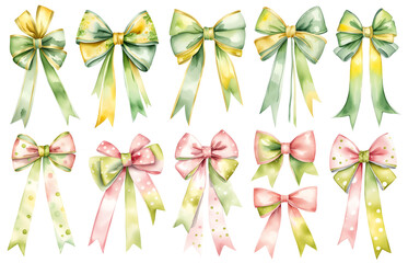 Big set of green, yellow and pink gift bows with ribbons. Watercolor illustrations set isolated on white background