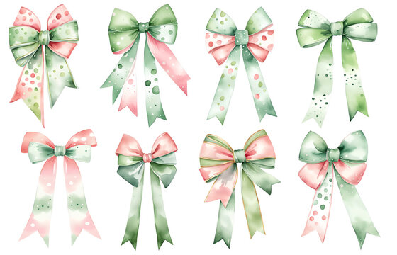 Big set of green and red gift bows with ribbons. Watercolor illustrations set isolated on white background