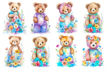 Adorable colorful bears with flowers. Watercolor illustration set isolated on white background