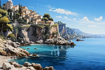 Foto op Canvas Tranquil mediterranean getaway. Enjoy a relaxing holiday by the crystal clear sea. Digital painting © Dipsky