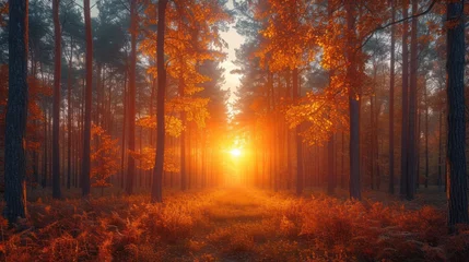 Rolgordijnen  a path in the middle of a forest with the sun shining through the trees on either side of the path is a grassy area with tall grass and tall trees on both sides. © Wall