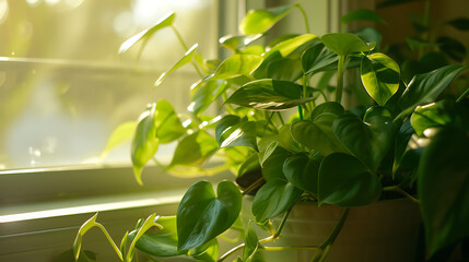Planta verde exuberante iluminada pela suave luz natural em um parapeito de janela - obrazy, fototapety, plakaty