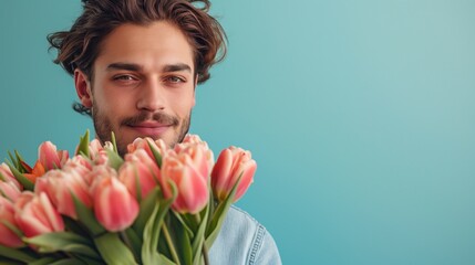 Portrait of a young man withbeard with a bouquet of tulips on a blue background.