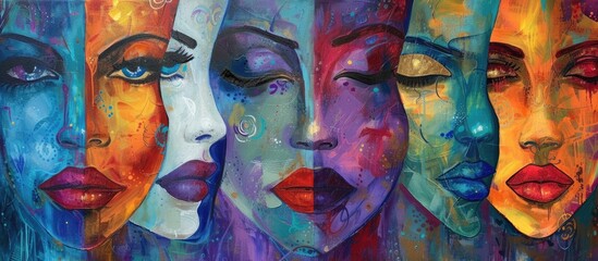 A painting showcasing a diverse group of womens faces, each expressing a range of emotions and personalities. These women embody strength, confidence, and resilience through their facial expressions.