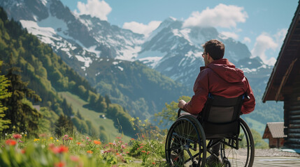 Homme en fauteuil roulant de dos regarde un paysage montagne sublime depuis un chalet en bois, vacances à la montagne avec un handicap, été - obrazy, fototapety, plakaty