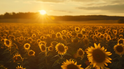 Campo de girassóis sob a luz dourada do sol poente capturado em uma ampla imagem com lente de 50mm