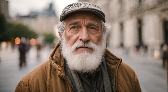  Close up of senior man's face with gray hair and beard. Portrait of a handsome old grandfather in the middle of the city during the day     