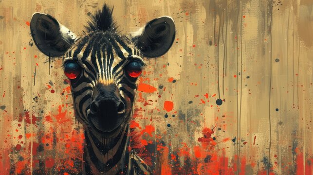  a close up of a zebra's face with red and yellow paint splattered on it's walls and behind it is a painting of a zebra's head.