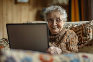 Senior lady happily navigating digital world