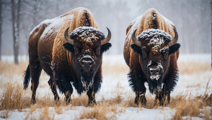 Wild buffalo standing in the forest with snow