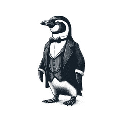 The pinguin wear victorian suit. Black white vector illustration. - obrazy, fototapety, plakaty