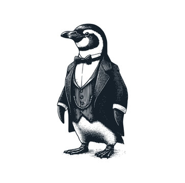 The pinguin wear victorian suit. Black white vector illustration.