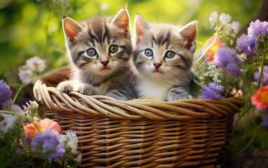 cute kittens in a wicker basket