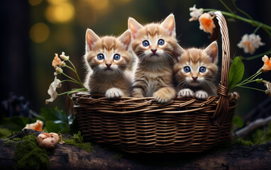 cute kittens in a wicker basket