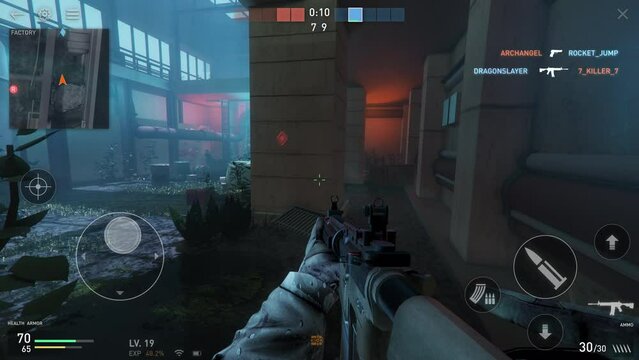 Winning the internet multiplayer first-person combat shooter mobile game. Winning the fight against enemies in the mobile game. Defusing the terrorist bomb to win the round of the mobile game.