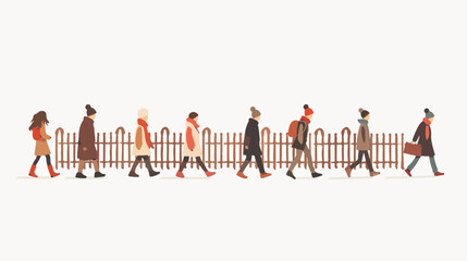 Persons Walking and Fence Isolated on White Background