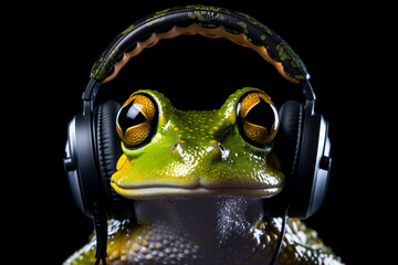 frog wearing headphones over black background