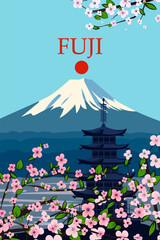Fototapeta premium Fuji mountain Japan travel poster vintage