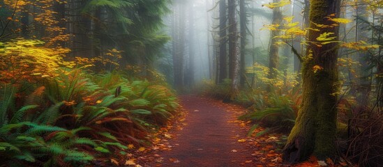 A path winds its way through a dense forest filled with tall trees, covered in vibrant fall foliage. The forest is enveloped in a beautiful mist, adding an ethereal feel to the scene.