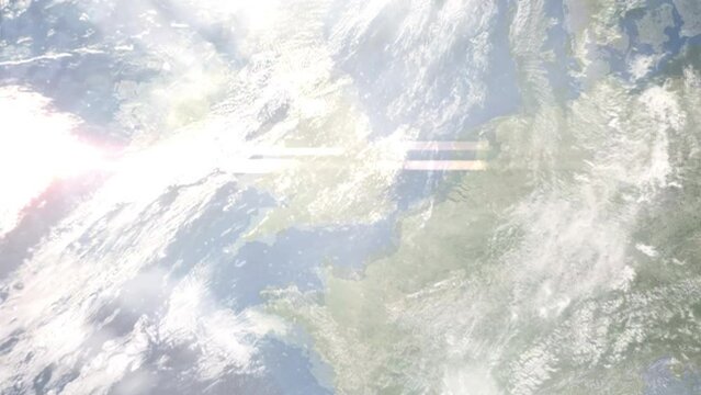 Earth zoom in from space and focus on London Heathrow Airport. 3D Animation. Background for travel intro.