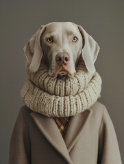 Stylish Weimaraner Dog with Classic Beige Coat and White Knit Scarf on Neutral Background - Portrait of an Anthropomorphic Dog in Chic Beige Winter Clothes