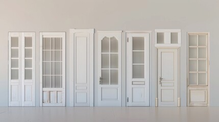 A series of white wooden doors depicted in various stages of opening through a 3D rendering, showcasing entrances and doorways within indoor interiors, representing both closed and open pathways