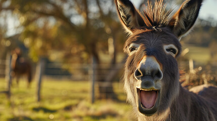 Funny portrait of a donkey smiling. Generative Ai - obrazy, fototapety, plakaty