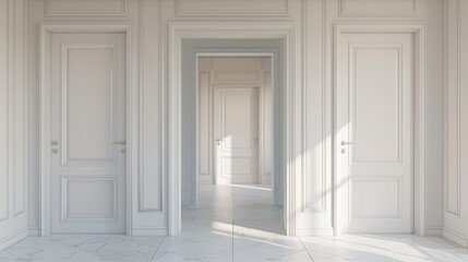 A series of white wooden doors depicted in various stages of opening through a 3D rendering, showcasing entrances and doorways within indoor interiors, representing both closed and open pathways