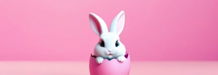 Fototapeta premium Happy Easter banner with cute Easter bunny hatching from pink Easter egg on pastel pink background. Illustration of Easter rabbit sitting in cracked eggshell. Happy Easter greeting card. Copy space.