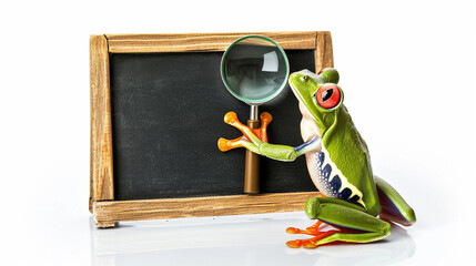 Business frog searching and finding as a spy with magnifying glass. Generative Ai