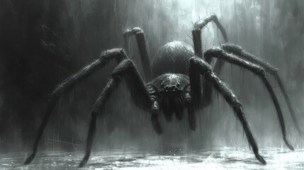  a black and white photo of a giant spider in the rain with a skull on its back and a skull on its head in the center of the spider's legs.